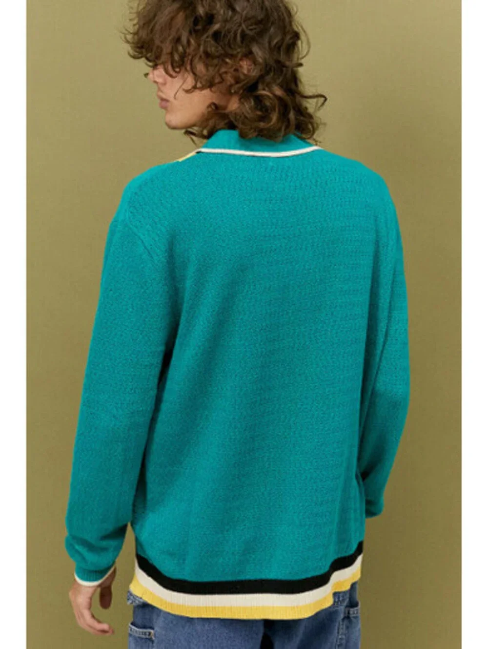 Urban Outfitters Men's M Teal Knit Polo Cardigan 100% Cotton Retro Stripe